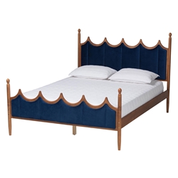 Baxton Studio Calgary Retro-Modern Royal Blue Velvet Fabric and Walnut Brown Wood Queen Size Platform Bed